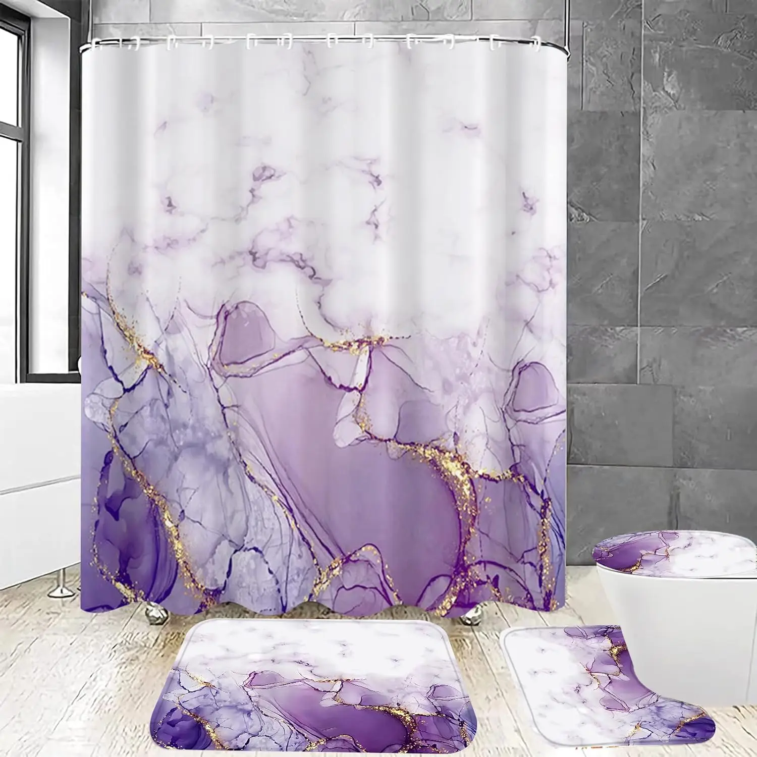 

Yizheer 4 Pcs Purple Marble Shower Curtain Sets with Rugs Gold Bathroom Sets with Shower Curtain and Rugs Modern Abstract Bathro