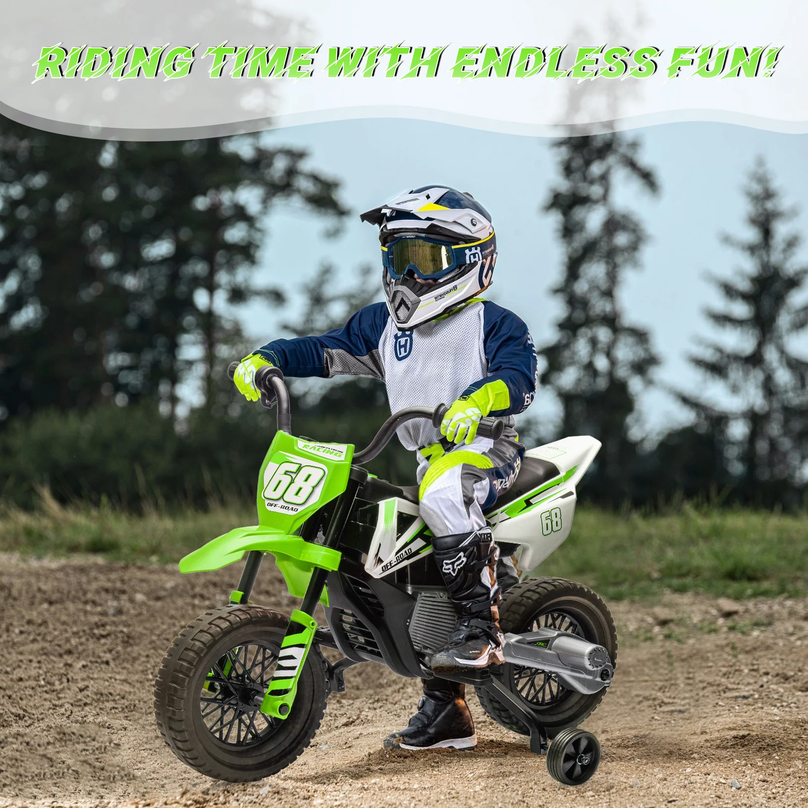 12v elektrische crossmotor voor kinderen met zijwieltjes Twist Grip Throttle 3Mph Max Speed Music Safe Ride-on motorfiets voor kinderen