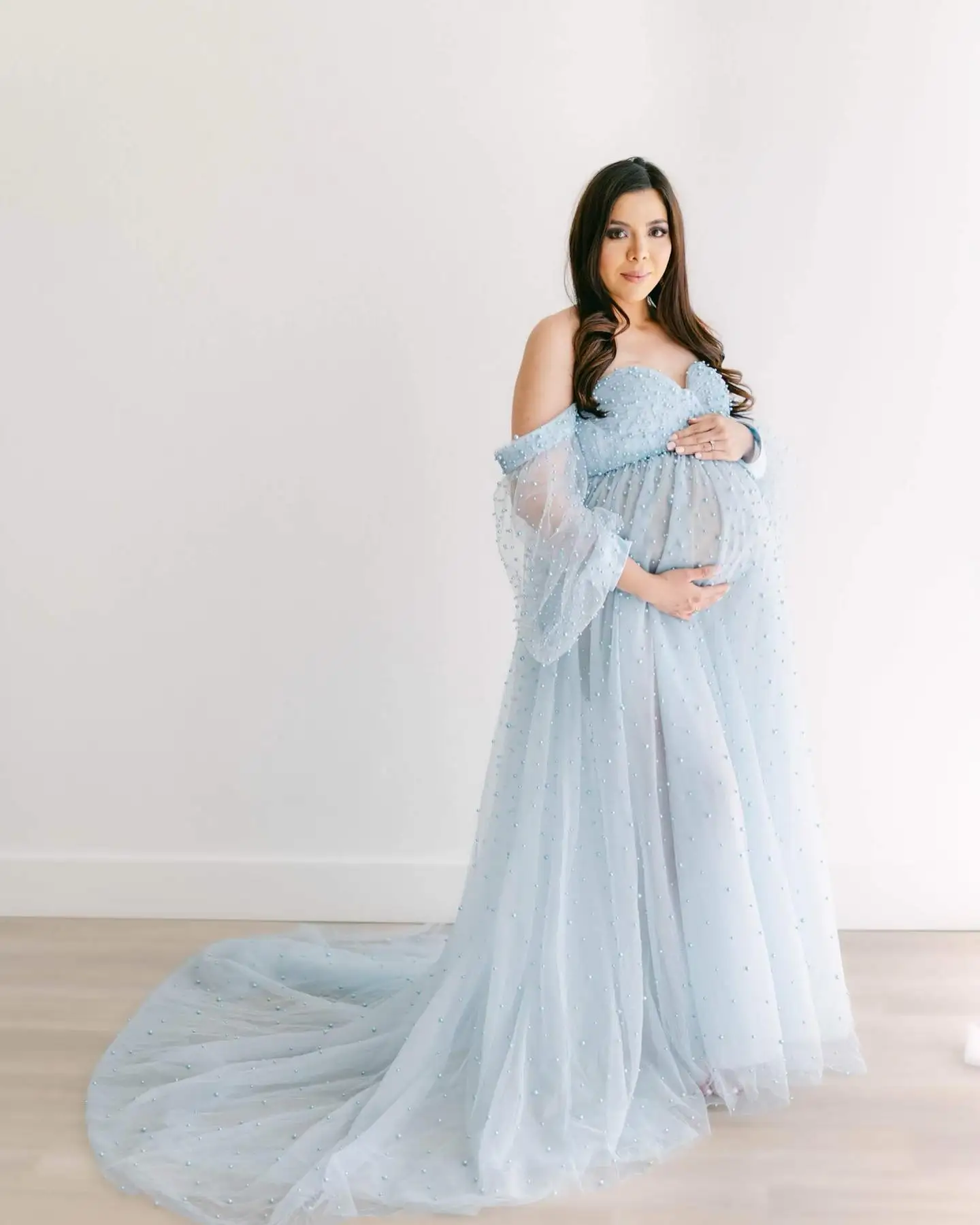 Gaun bersalin mutiara biru langit jubah Tulle lengan penuh Sweetheart gaun pesta Prom untuk fotografi gaun malam seksi buatan khusus