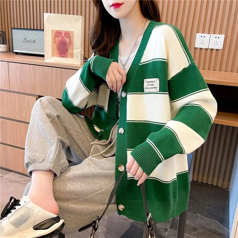 

Высококачественный полосатый вязаный свитер для женщин, без шариков, V-Ne Long Sve, осенняя верхняя одежда Ele Faion, женская нож...