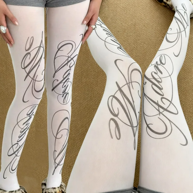 

Винтажные колготки с буквенным принтом 2000-х годов, пикантные готические чулки Y2K в стиле Харадзюку, тонкие носки до бедра в стиле Лолиты, длинные чулки, колготки