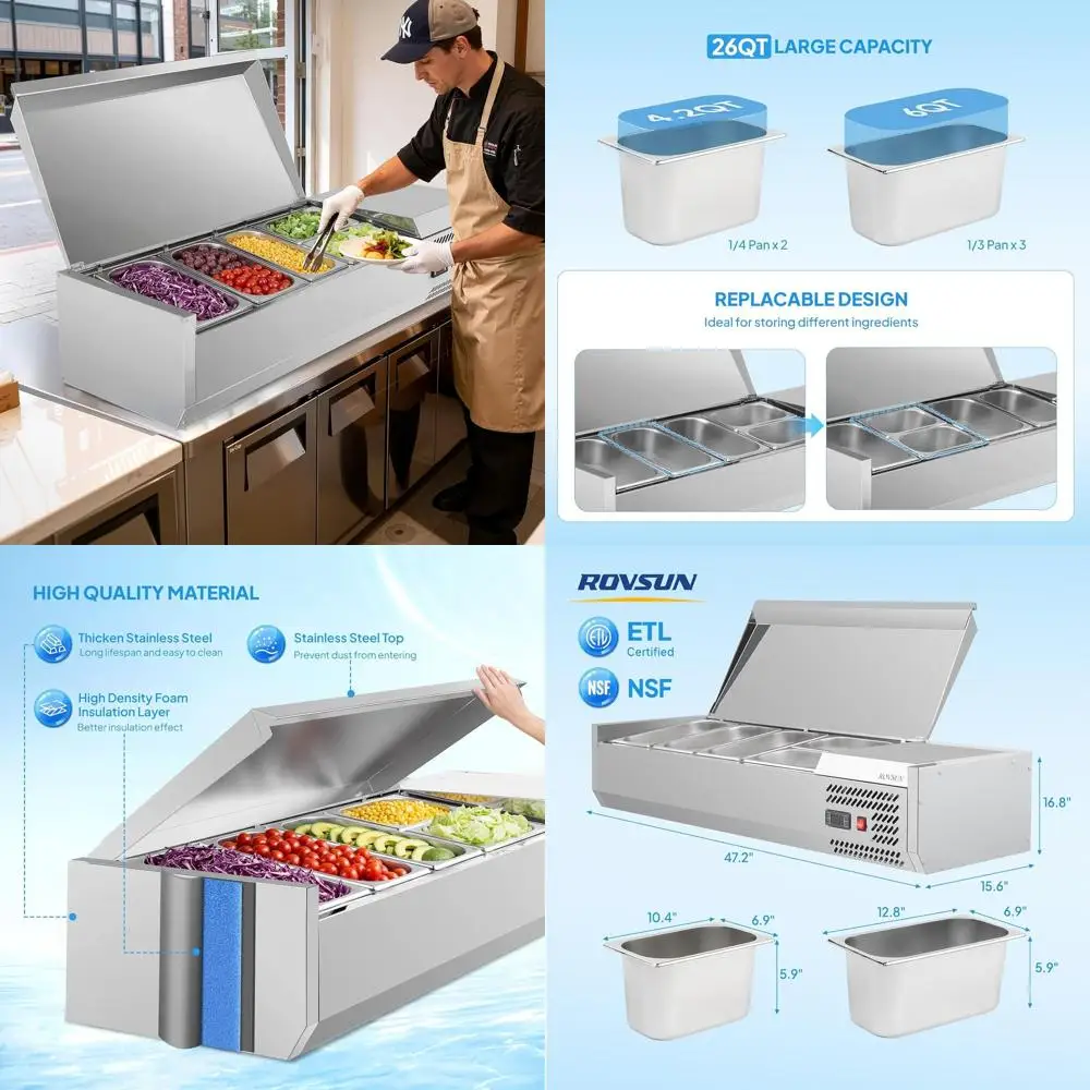 

48" Rerigerated Condiment Prep Station Sandwich Prep Table ETL NS, 25.1QT Salad Bar Prep Rail w/Auto rost Temp Control Stainlver