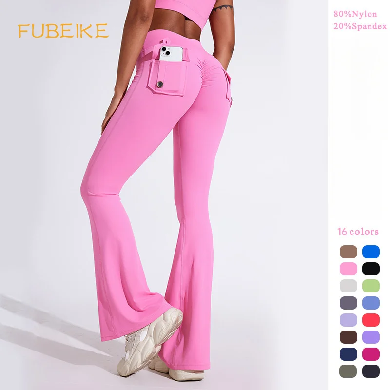 FUBEIKE Pocket Yoga Pants Women's Peach Bell-Bottom Women's High Waist Hip Lift Sports Tights Quick-Drying Workout Leggings