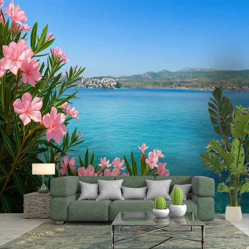 1PC Ocean View Pink Flower Art Print Backdrop Banner, Bedroom Living Room Photo Background, Polyester, Home Decor, Wall Art