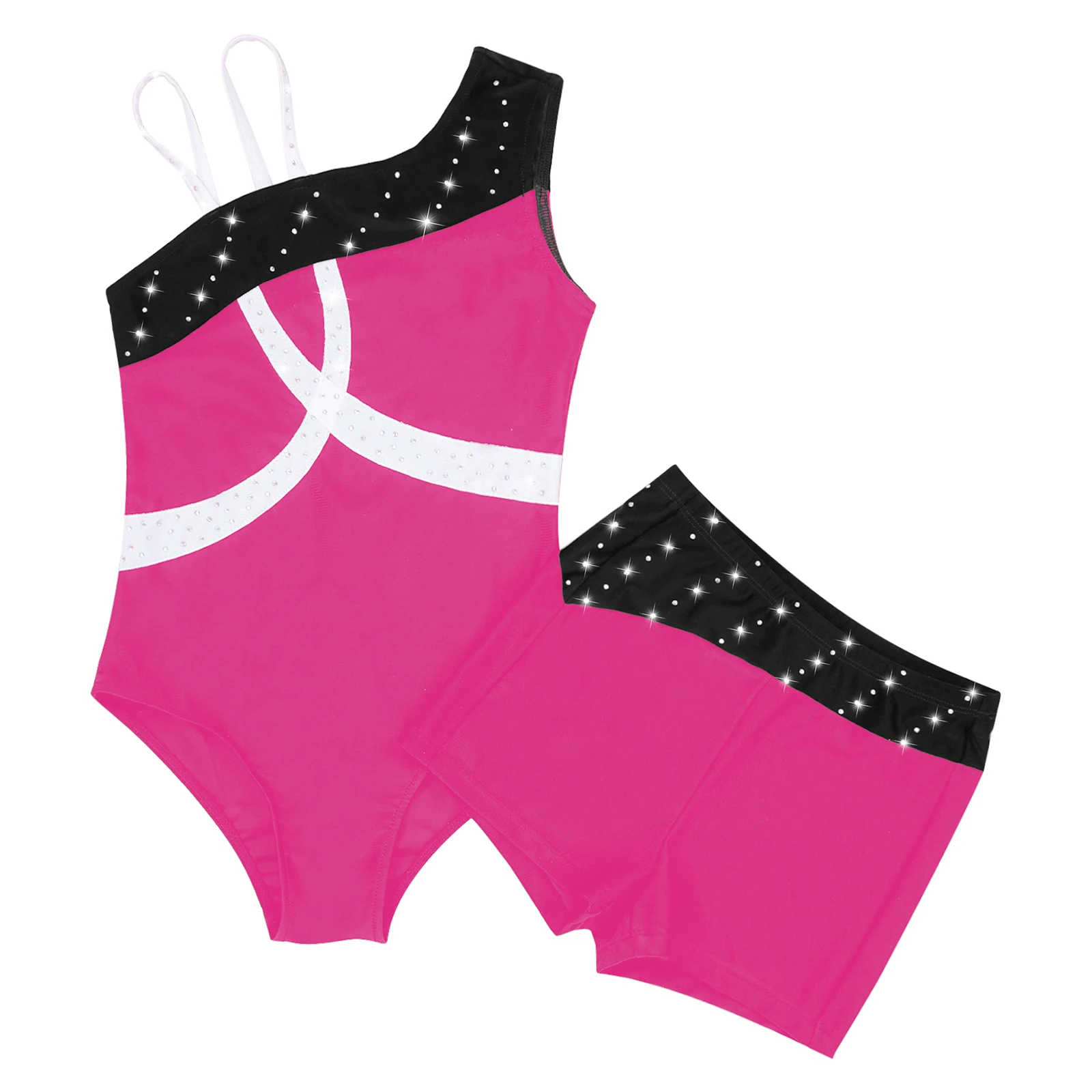 Kids Girls Sleeveless Oblique Shoulder Shiny Rhinestone Gymnastics Jumpsuit with Boxer Shorts Gymnastics Leotard Ballet Outfit