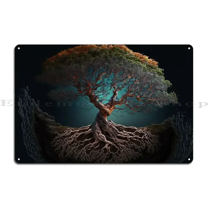 Earth Day Beautiful Art Sketched Blue Paint Of A Tree Growing From Ground Roots Metal Sign Plaques Party Print Tin Sign Poster