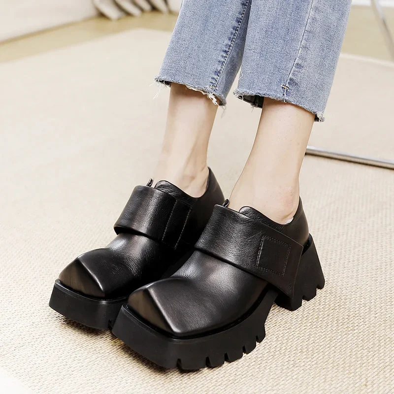 Birkuir Women Flat Platform Shoes Flats Thick Heel Luxury Hook Loop Genuine Leather Square Toe Deep Mouth Ladies Shoes size 41