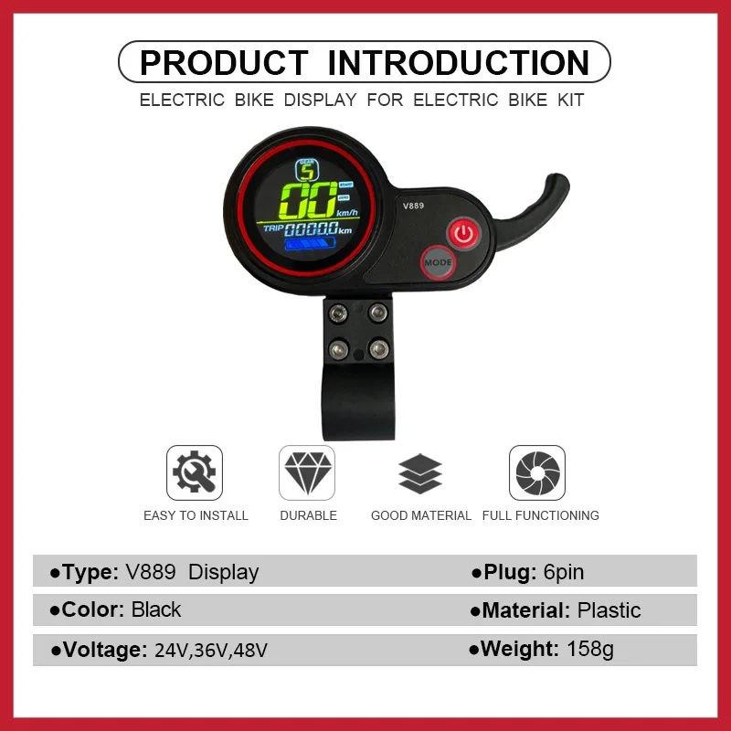 Bike Display Computer V889 Color Screen Display with Thumb Throttle 24V/36V/48V 6Pin SM Connector Bicycle Accessories