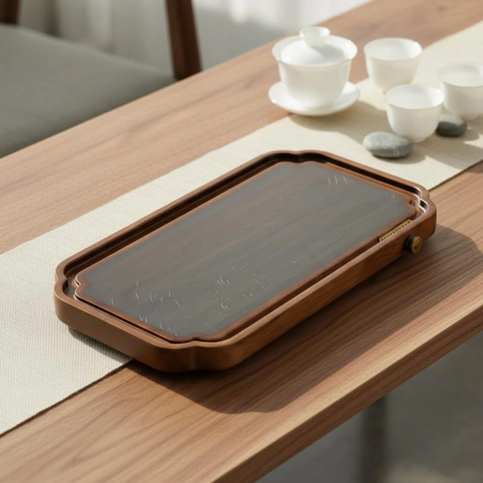Color Changing Beverage Tray Traditional Artistic Gongfu Beverage Serving Tray Removable Woven Mat for Office