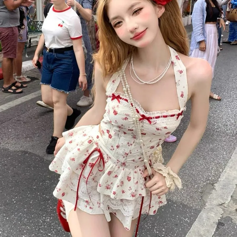 Y2k Japanese Kawaii Lolita Chic 2 Piece Set Women Bow Vintage Casual Mini Skirt Suit Female Slim Elegant Sexy Fashion Set Summer