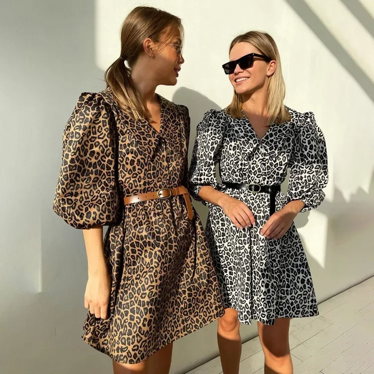 

Casual Print Women'S Dress 2023 Summer Doll Collar Short Puff Sleeve Mini Dresses Elegant Classic Office Female Dress