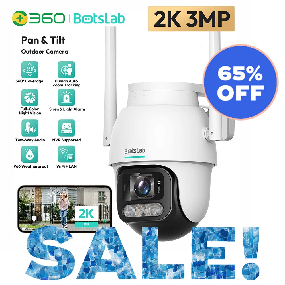

Qihoo360 Botslab 2K 3MP HD Outdoor Camera Wireless PTZ Smart Home Cam Night Vision Siren and Light Alarm IP66 Weatherproof Cam