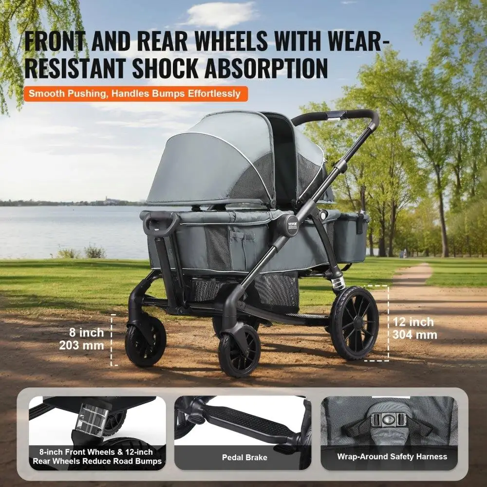 Foldable All Terrain Stroller Wagon for Two with Canopy Snack Tray and Parent Organizer Dark Grey Black