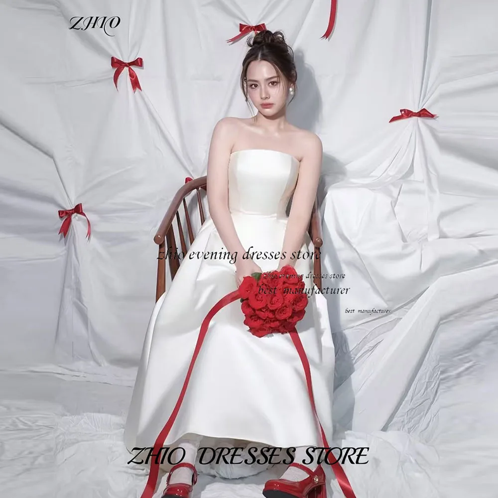 

ZHIO White Satin A-line Korean Wedding Dress Strapless Sleeveless Floor Length Customized Back Fit Wedding Photography Venue