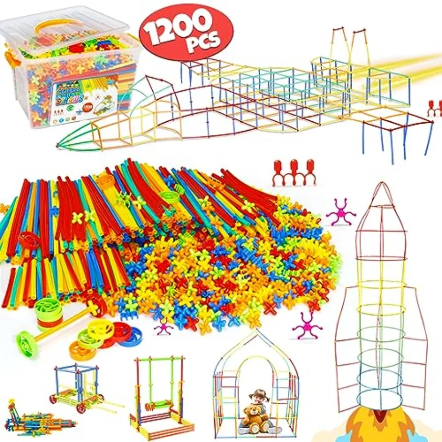 

Ggiibro Straw Constructor Toys 1200Pcs STEM Building Toys for Ages 3-8 Interlocking Plastic Thin Tube Blocks Educational Toy Ki