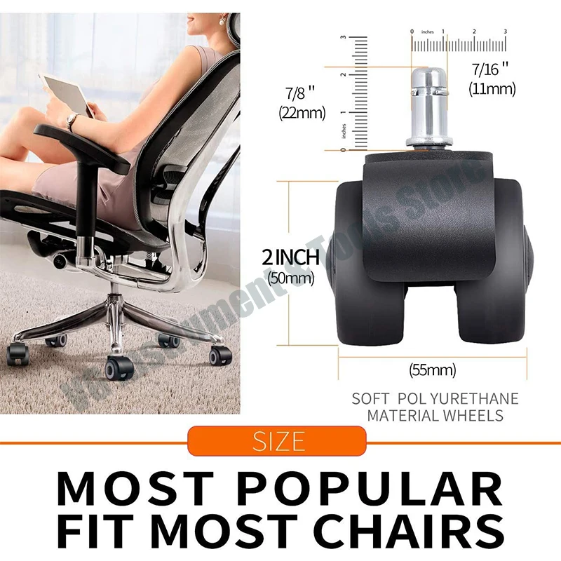 5Pcs Office Chair Wheels, M10/M11 Plug-in Rod 2 Inch Heavy Duty Casters, 4 Bearings Chair Wheels