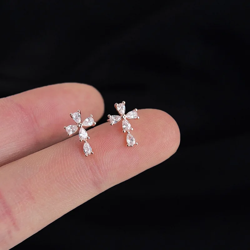 

Mini Zircon Water Droplet Cross Light Luxury Customized Stud Earrings for Women Fashion Jewelry Minimalist Accessories Wholesale