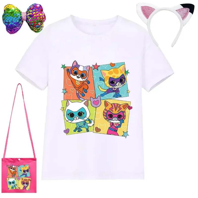 애니메이션 티셔츠 세트 게임 소원 아샤 슈퍼 키티, 어린이 천, 아기, 어린이, 면 티셔츠, 유아, 소녀, 반팔 상의, 2 ~ 12, 4 PCs