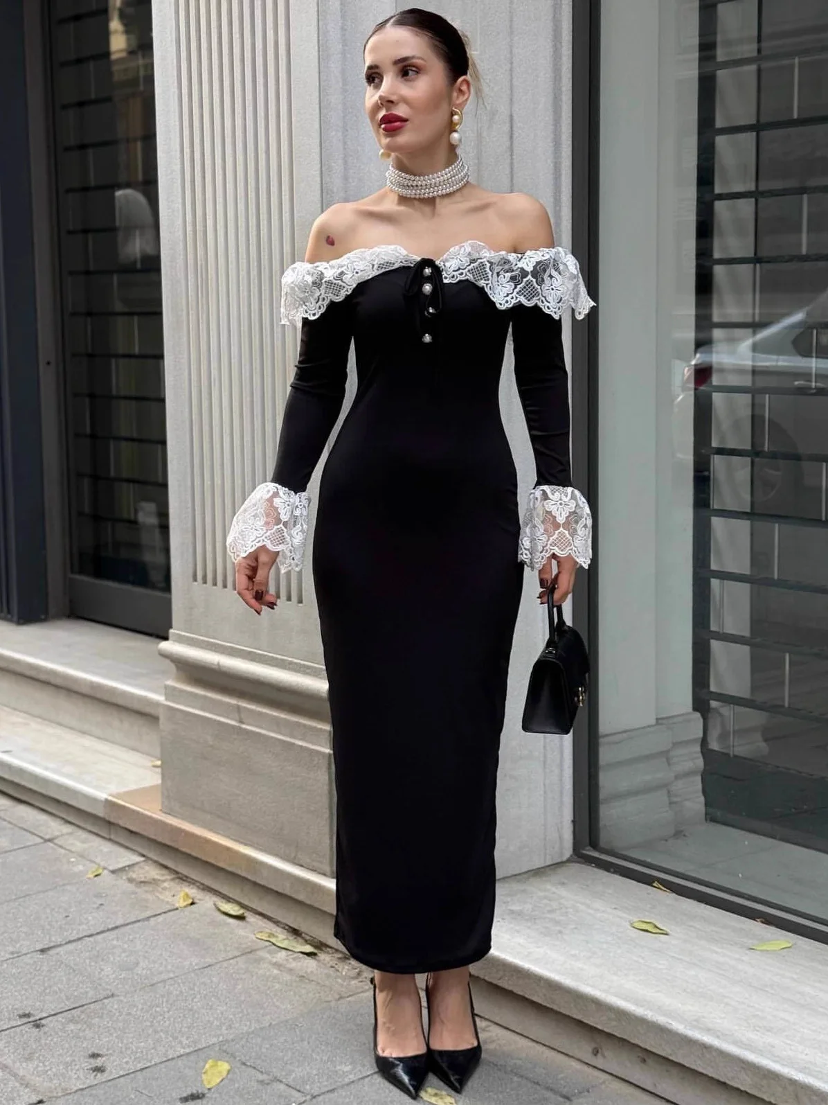 

Sexy Lace Splice One Shoulder Women's Dress High Waist Bodycon Skirt Long Sleeve Party Dress Elegant Lady Style Polyester Fabric