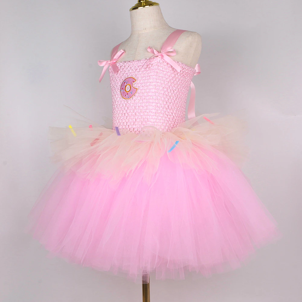 3 Layers Pink Donuts Birthday Dresses for Girls Doughnut Cake Smash Costume for Kids Toddler Photoshoot Outfit Baby Fluffy Tutus