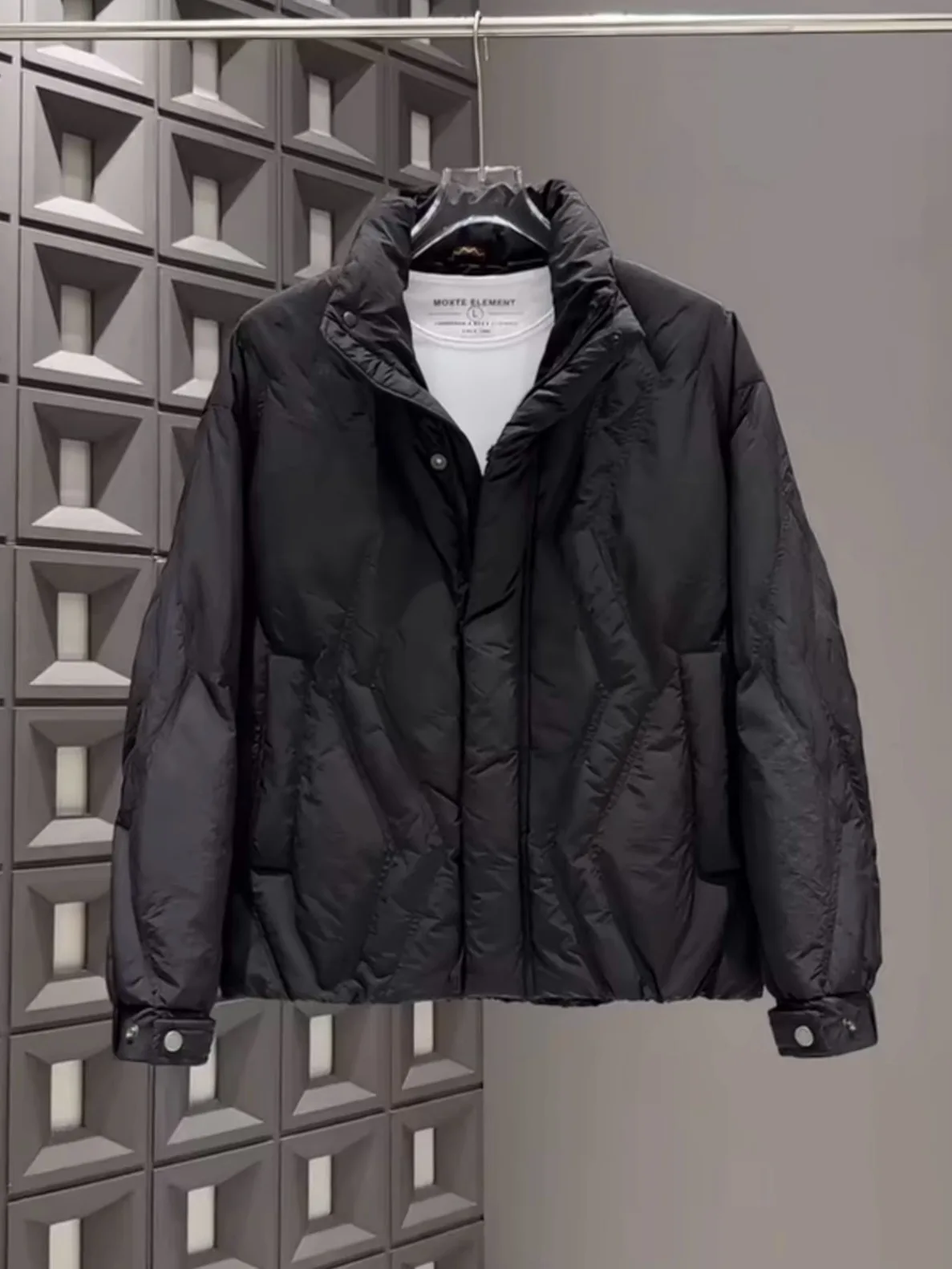 

Элегантный мужской пуховик премиум-класса: белый, с воротником-стойкой, легкий, модный и теплый, с комбинированными вставками.