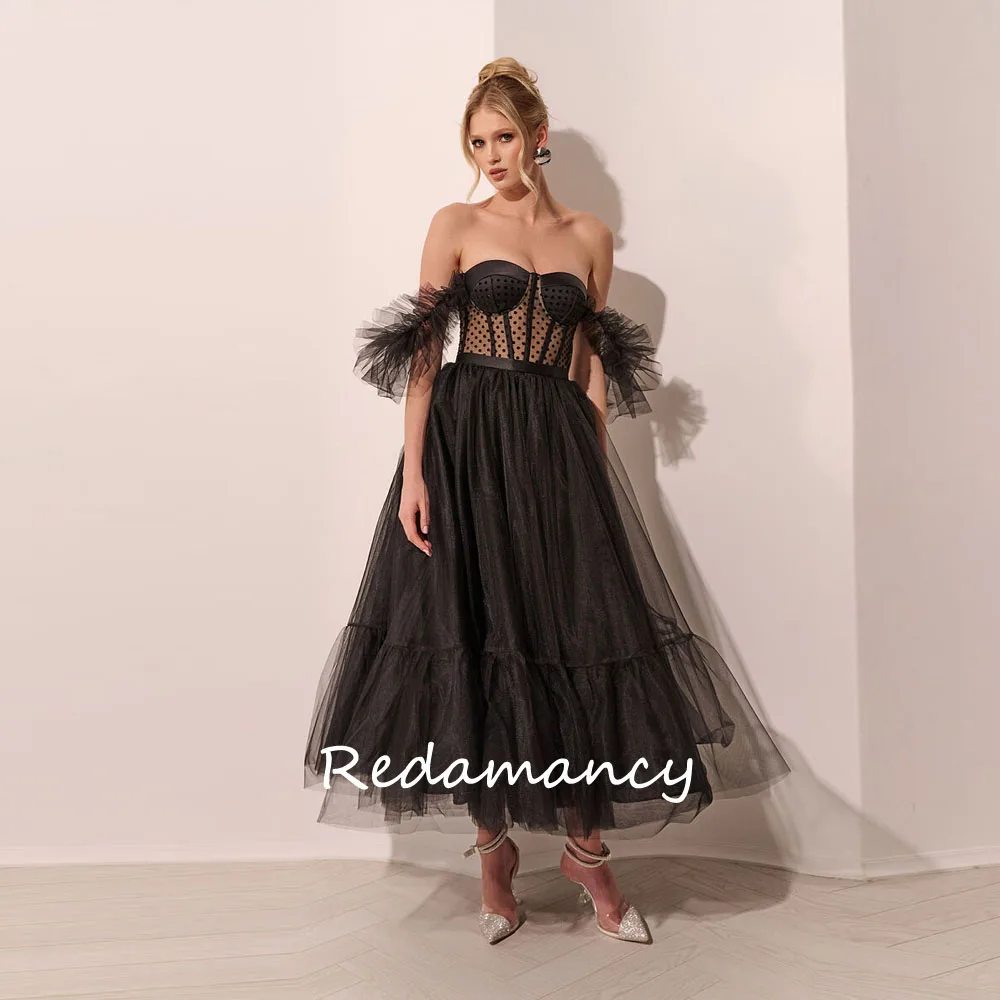 

Redamancy Customized Black Sweetheart Tulle Evening Dress Lace Up Back Prom Dress Elegant Long Ankle-Length A-Line Party Dress