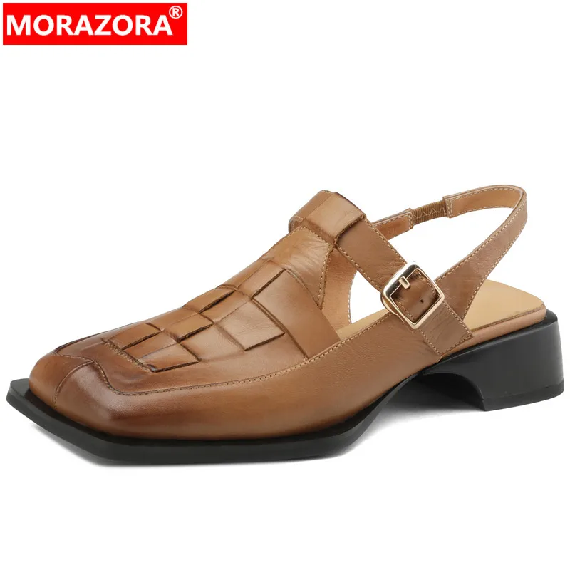 

MORAZORA 2024 New Size 34-40 Ladies Back Strap Slingbacks Shoes Genuine Leather Buckle Sandals Woman Square Med Heels Sandals