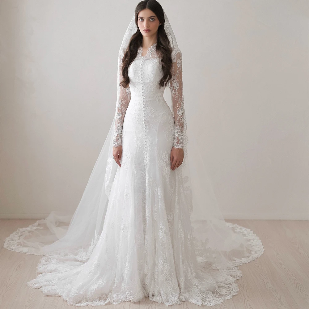 

Lace Wedding Dresses with High Collar Sweep Train A Line Button Bride Dress Elegant Long Sleeve Bridal Gown for Women Customized