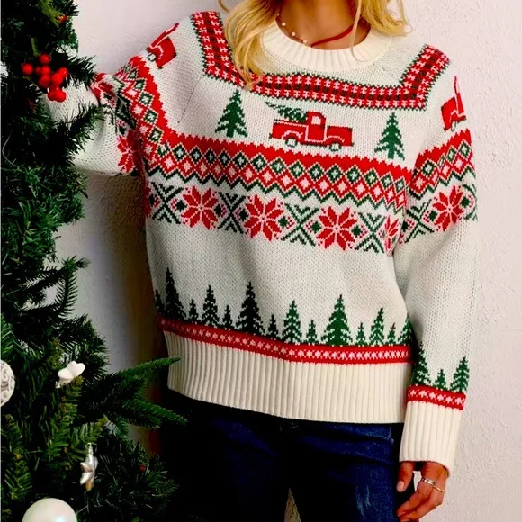 

Klamotten Damen Pullover Christmas Themed Decoration Autumn Winter Pullover Sweater Long Sleeved New Knit Lazy Versatile Sweater