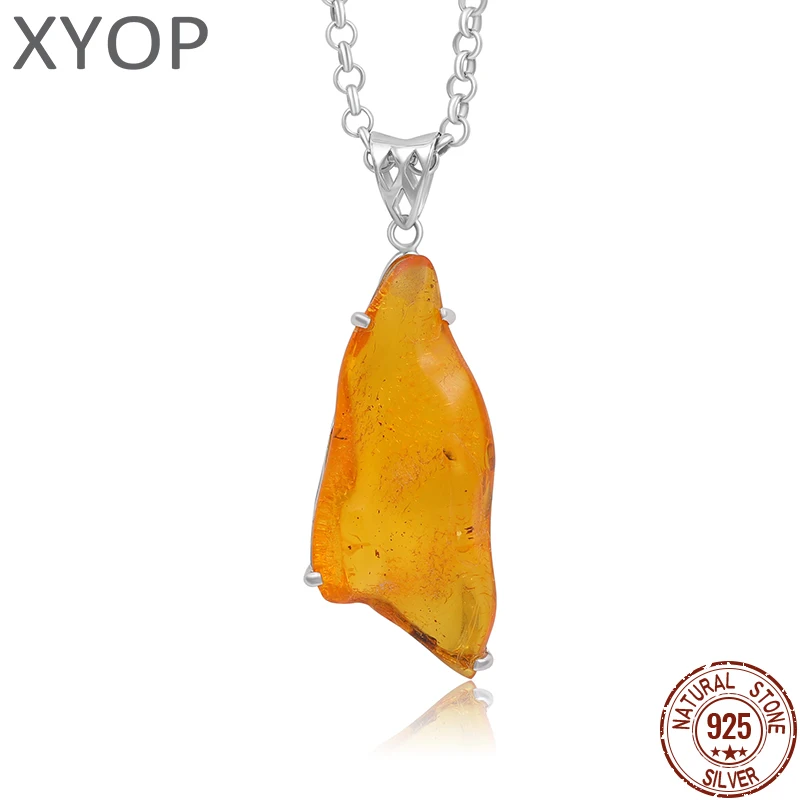 XYOP Natural Insect Amber 925 Sterling Silver Pendant Irregular Shape Amber Charms Necklace - Unique Lucky Gift