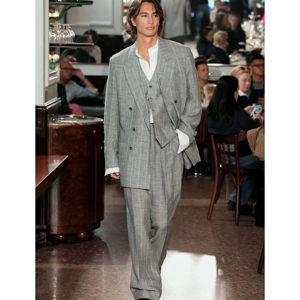 

Oversized Retro Style Gray Men Plaid 2 Suit Piece Jacket Pant Set Double-Breasted Peak Lapel Loose Office Casual Male Cloting