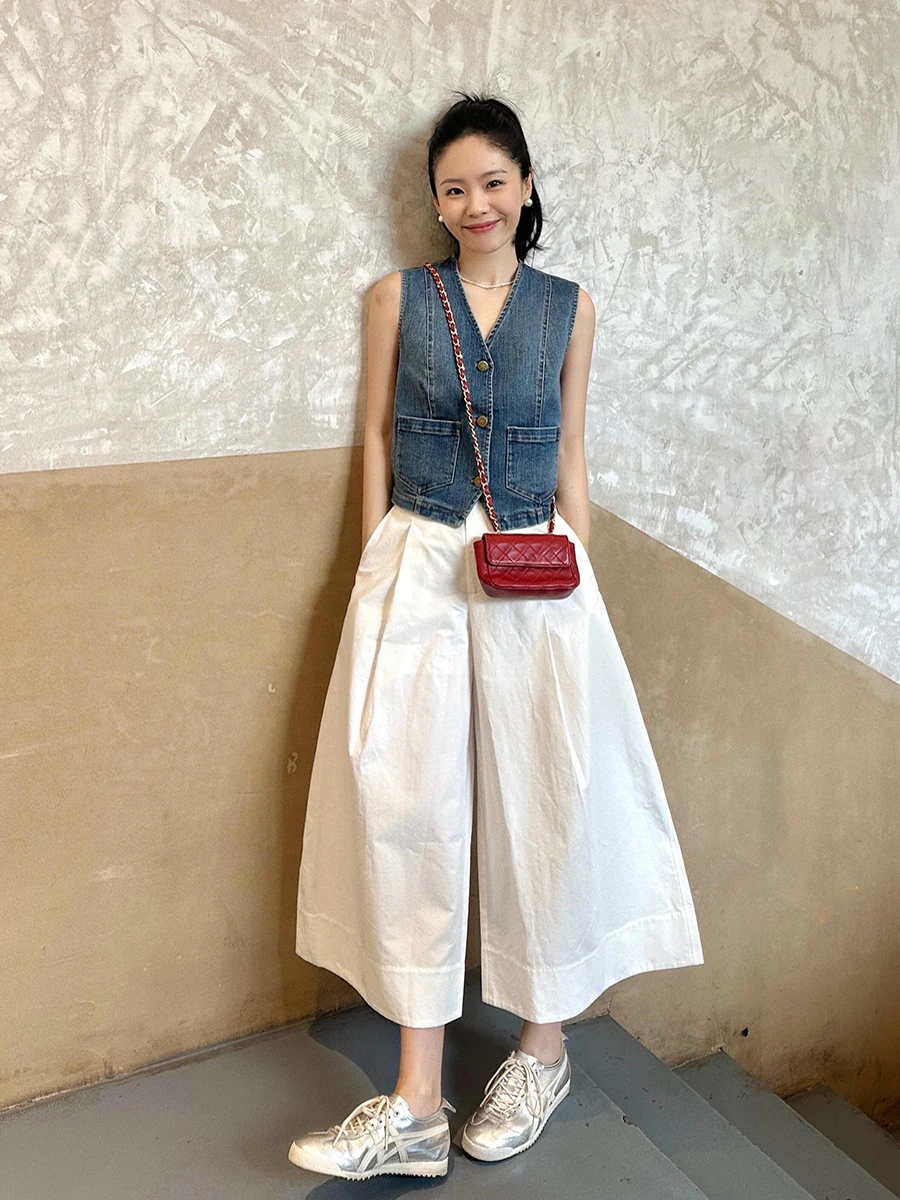 

Blue V-Neck Sleeveless Shoulder Bared Denim Vest Casual High Waist Wide Leg Pants Women's Fashion Set Summer New Style
