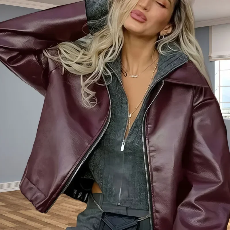 

Autumn Winter 2025 Women's Moto Biker Zipper Long Sleeve Jacket Faux Leather Jacket Outerwears Causal New in Coats streetwear