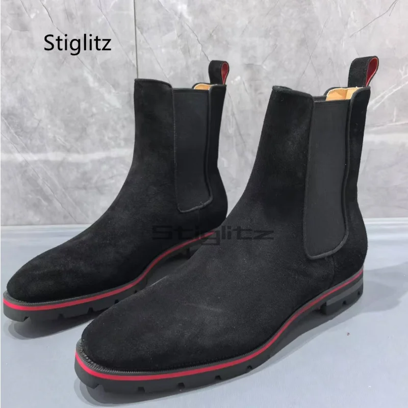 

Black Frosted Elastic Ankle Boots for Men Cow Suede Round Toe Flat Bottom Fashion Slip On Stretch Boots Autumn Winter Male Shoes