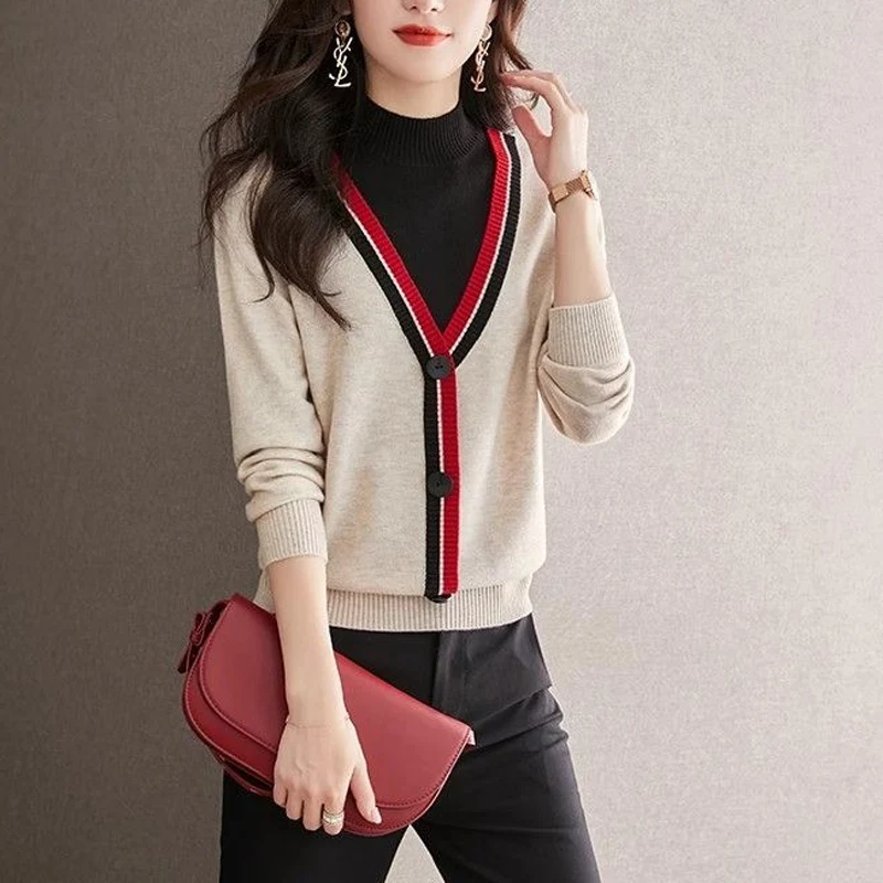 Spring Autumn New Half High Collar Long Sleeve Fashion Sweater Women High Street Contrast Color Button Fake Two Pieces Pullovers