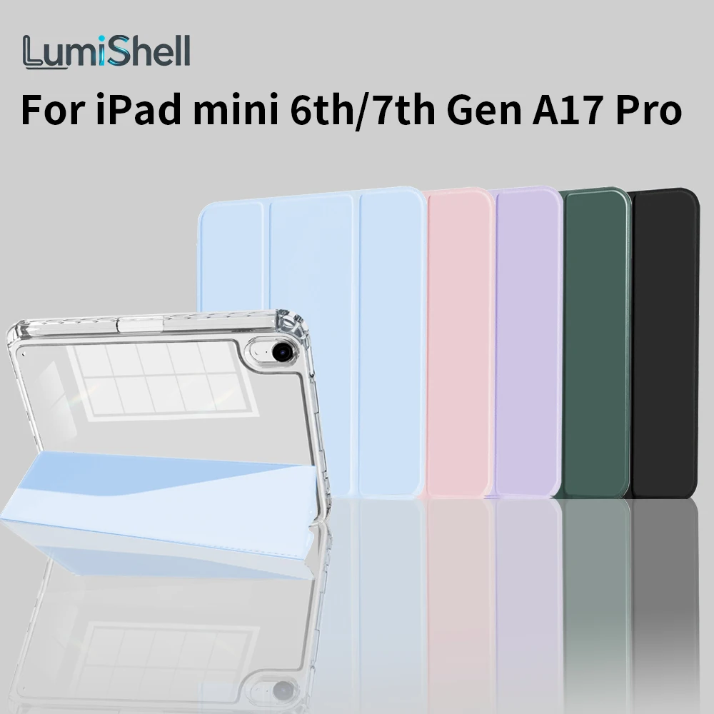 Clear Case For iPad Mini 7th Gen A17 Pro 8.3inch/ iPad Mini 6th Gen, Cover With Pencil Holder, Tri-Folding PU Leather Cover