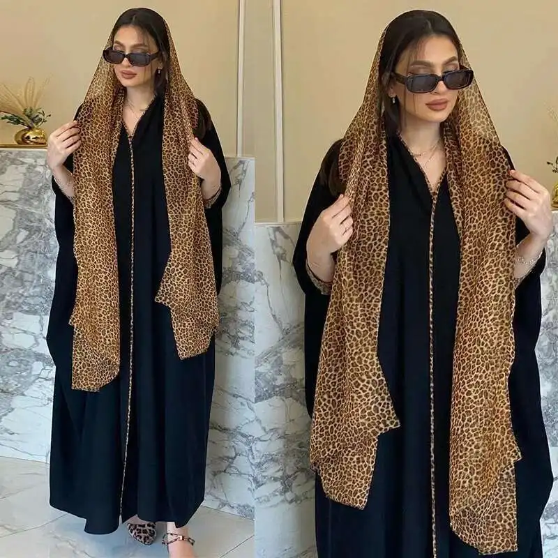 

Mq088 Muslim New Abaya Fashion Cardigan Leopard Print Chiffon Color Matching Gown Türkiye Ins with Headband Islam Elegant