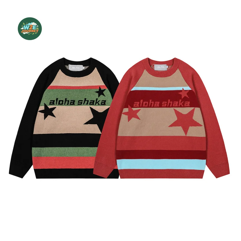 

W2EJOURNEY EU US Size Premium Quality Luxury Outdoor Wear VintagePrinted Star Oversized Knitted Pullover Sweater Trendy Clothes