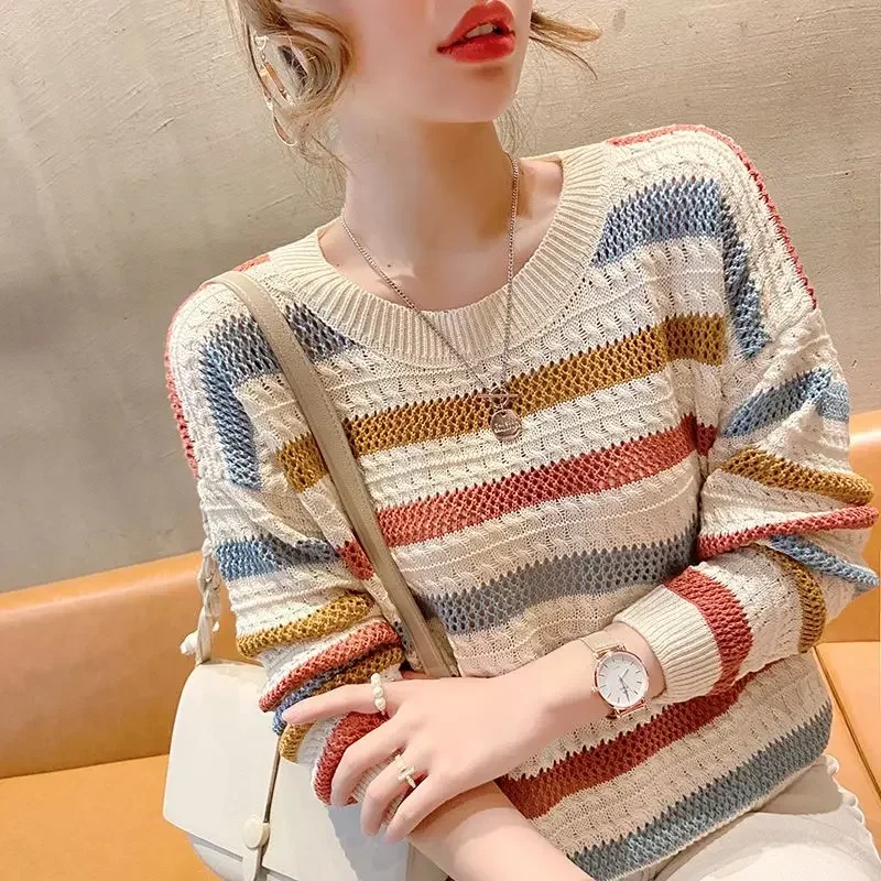 

2025 Female Tops Crochet Tshirts Fitted Offer Korean Style Women's T Shirts Knitted Tees Loose Striped