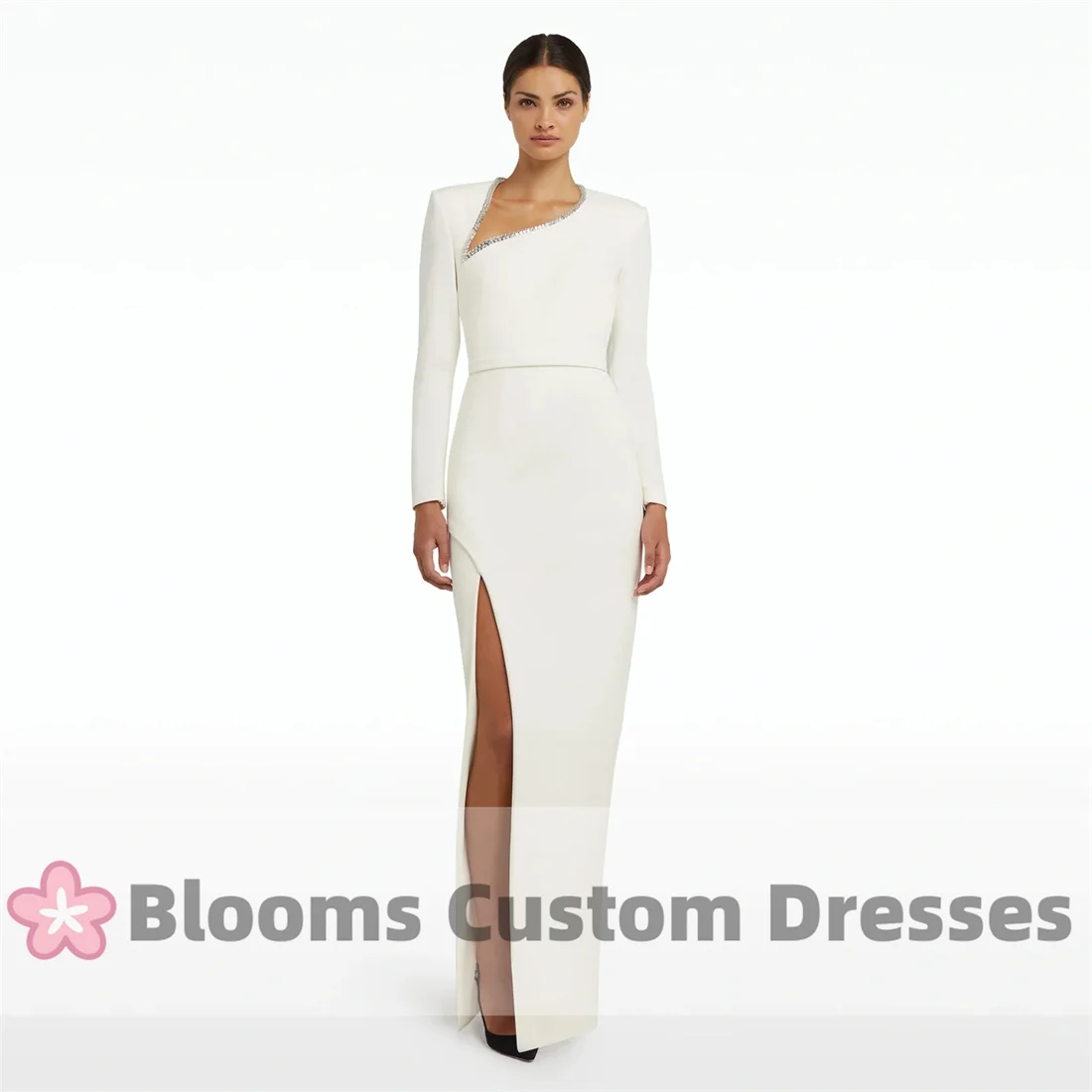 Blooms-Robe de Soirée en Crêpe Ivoire à Manches sulfPersonnalisée, Fente Haute, VincFormelle, Paillettes, ixde Mariage, Bal