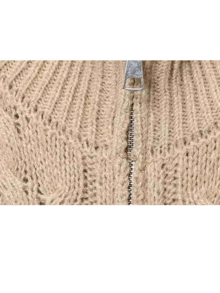 HH Women Autumn New Fashion Lazy Style Zipper Stand Collar Twist Knitted Cardigan Female Versatile Warm Long Sleeve Sweater