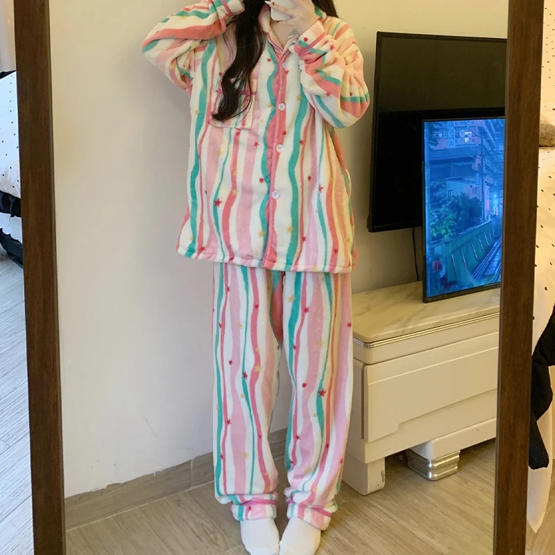 

Pajama Sets New Women Woven Classic Stripes Pattern Breathable Durable Easy Care Wrinkle Free Button Front Long Sleeve Pants Ins