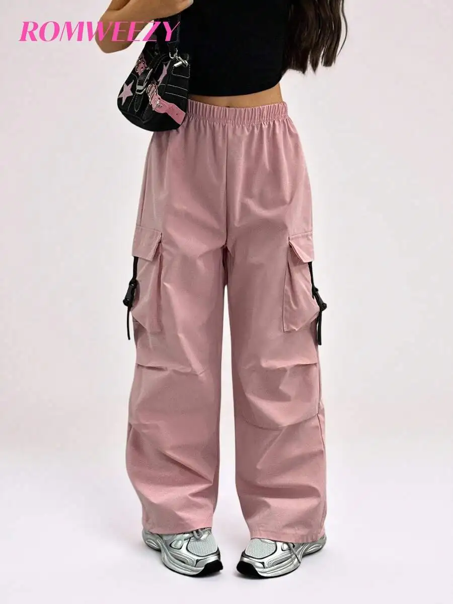 

Свободные однотонные розовые брюки-карго с эластичным поясом для подростков