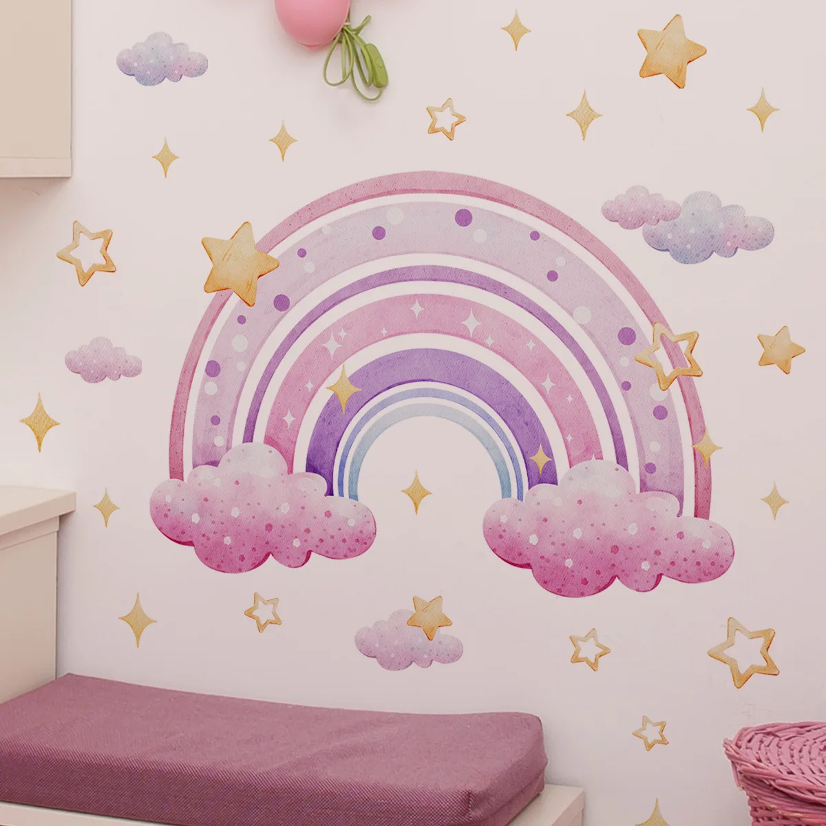 Decalques removíveis para crianças, Mural de fundo do quarto, estrelas coloridas do arco-íris e nuvem, Adesivo de parede para o quarto do bebê, Decoração para casa