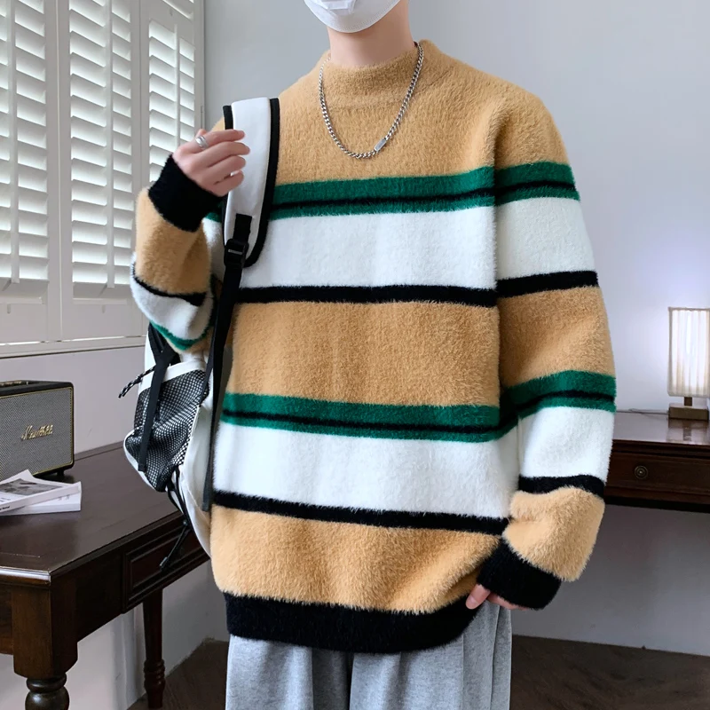 

Осень/зима 2022, мужской модный свитер в контрастную полоску с узором, свободные вязаные мужские молодежные толстые теплые шерстяные толстовки