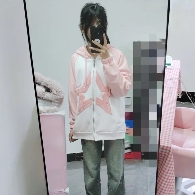 여성용 힙합 패션 스타 그래픽 스웨터, 플로킹 자수 후드, 핑크 블루 가디건 스웨터, 가을, 겨울