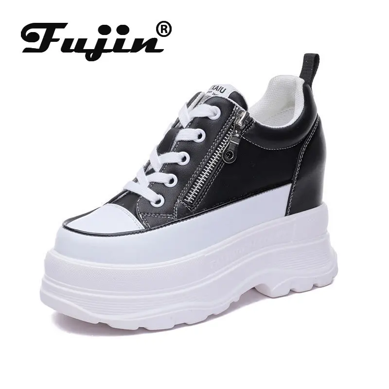 

Fujin 9cm Natural Genuine Leather Platform Hidden Heels Autumn Spring Women Causal Chunky Sneakers Ankle Booties Females Shoes