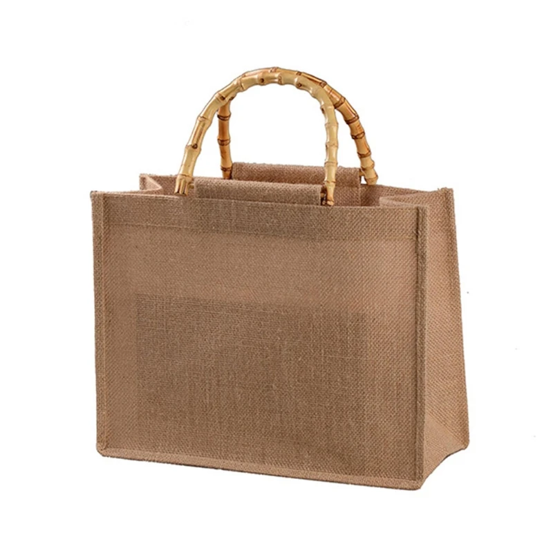 Portable Burlap Jute Shopping Bag Handbag Bamboo Loop Handles Reusable Tote Grocery Bags