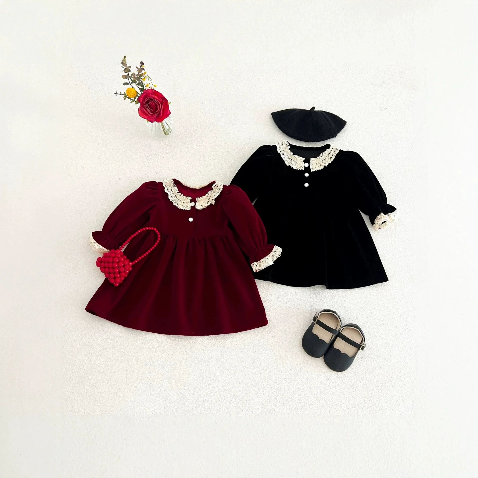 2026 New Fall Winter Girls Velvet Dress | Lace Collar Long Sleeve Princess Gown | Vintage Korean Party Dress