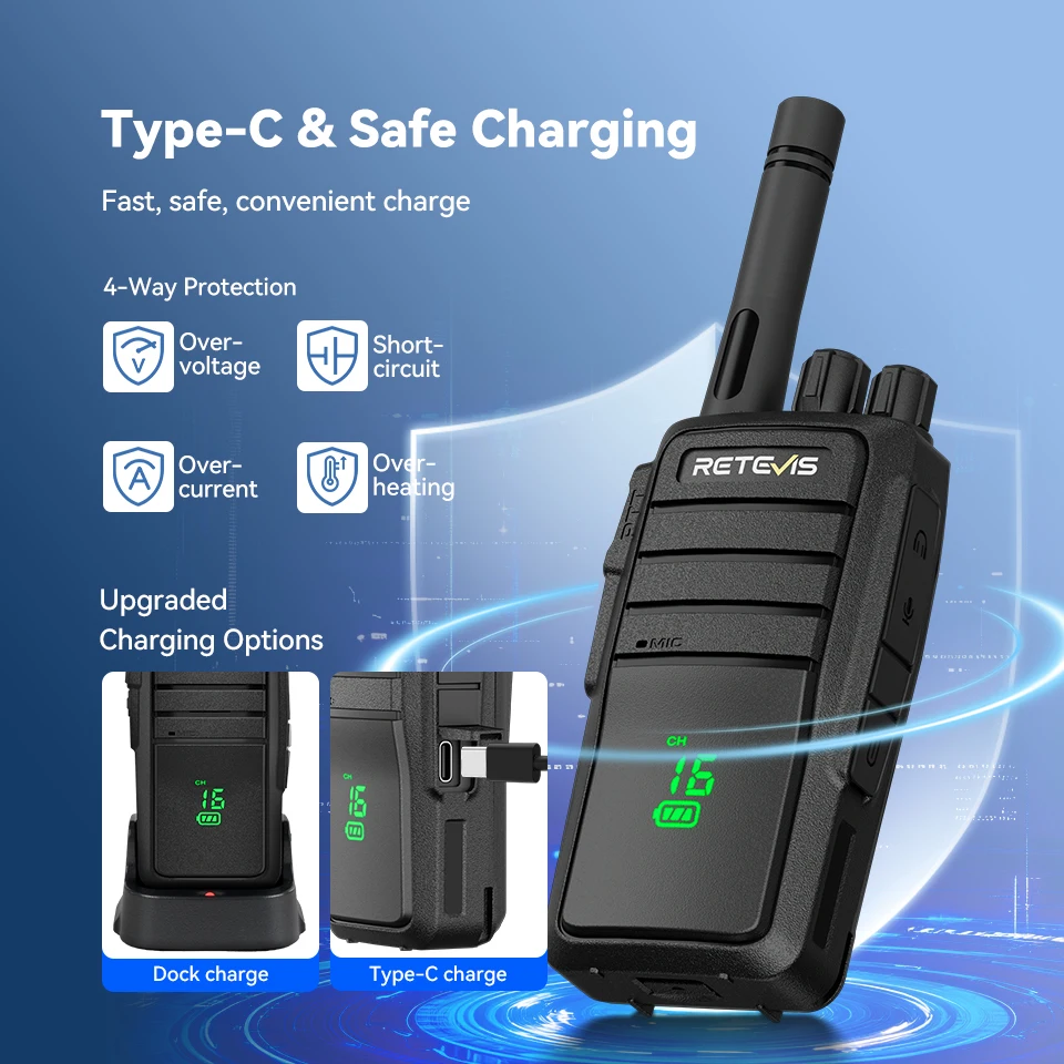 Retevis RT21H Radio bidirectionnelle FRS PMR portable sans licence avec écran caché port USB-C VOX radio robuste pour la restauration